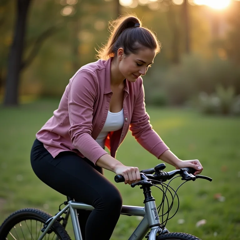Mulher ajustando altura do selim da bicicleta