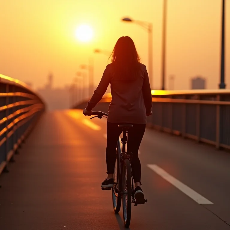 Mulher andando de bicicleta ao pôr do sol