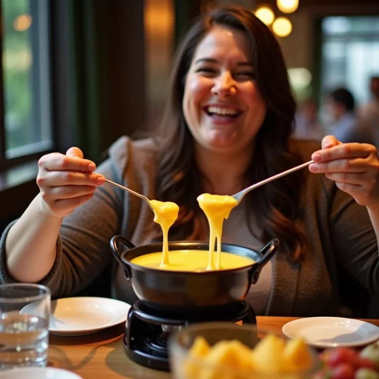 Mulher aproveitando fondue em Campos do Jordão.