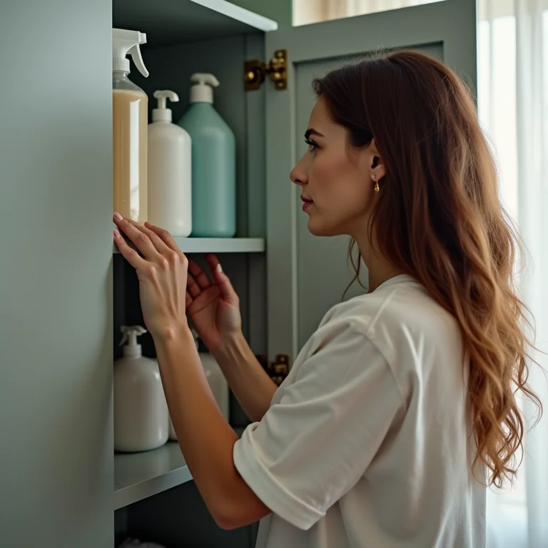 Mulher armazenando produtos de limpeza com segurança