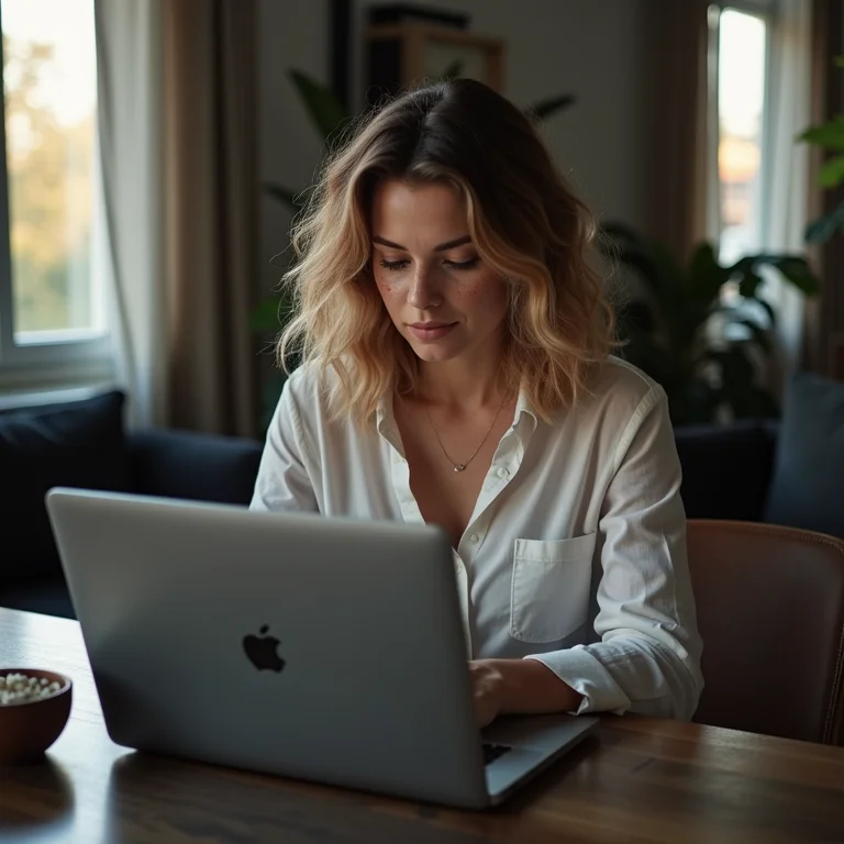 Mulher branca acessando site da operadora no laptop