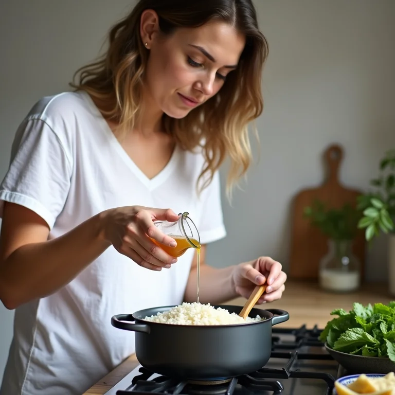 Mulher branca adicionando caldo ao risoto.