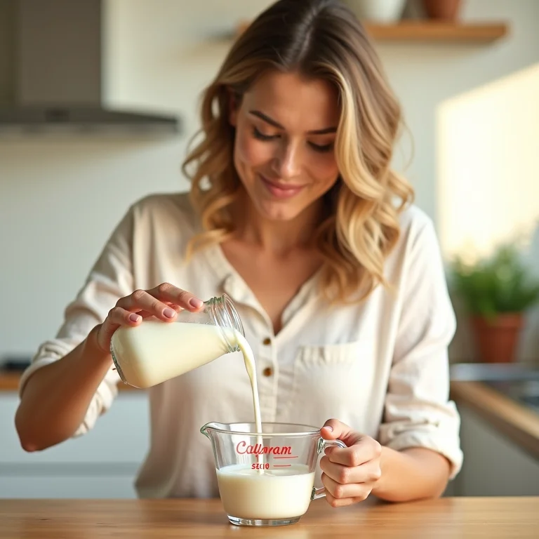 Mulher branca adicionando leite à receita