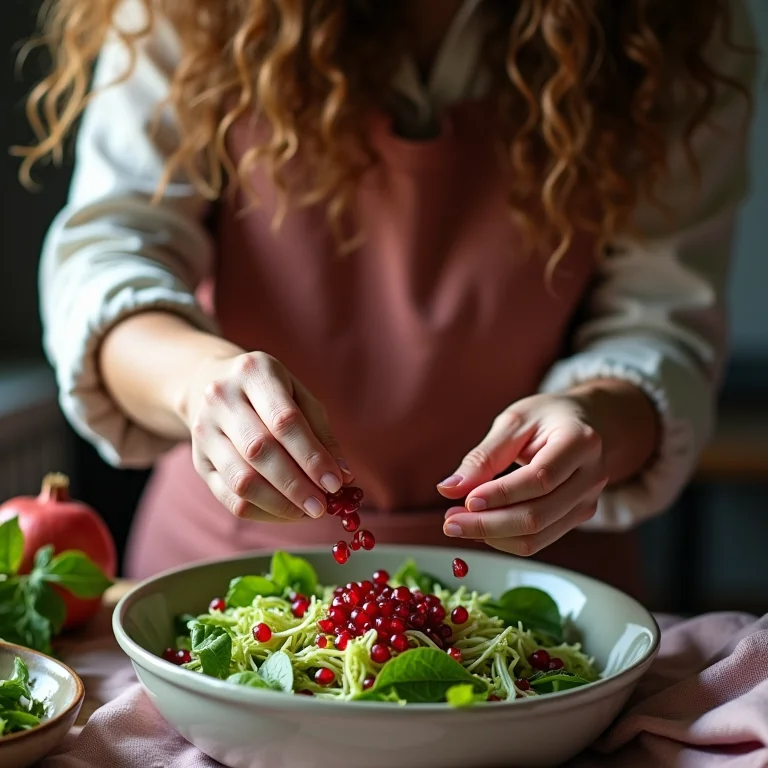 Mulher branca adicionando romã à salada de broto de mostarda