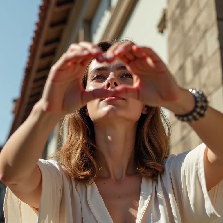 Mulher branca admirando a Igrejinha dos Carneiros ao amanhecer