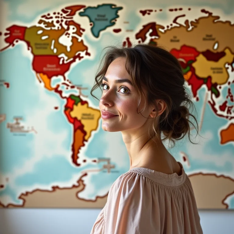 Mulher branca admirando mapa decorativo