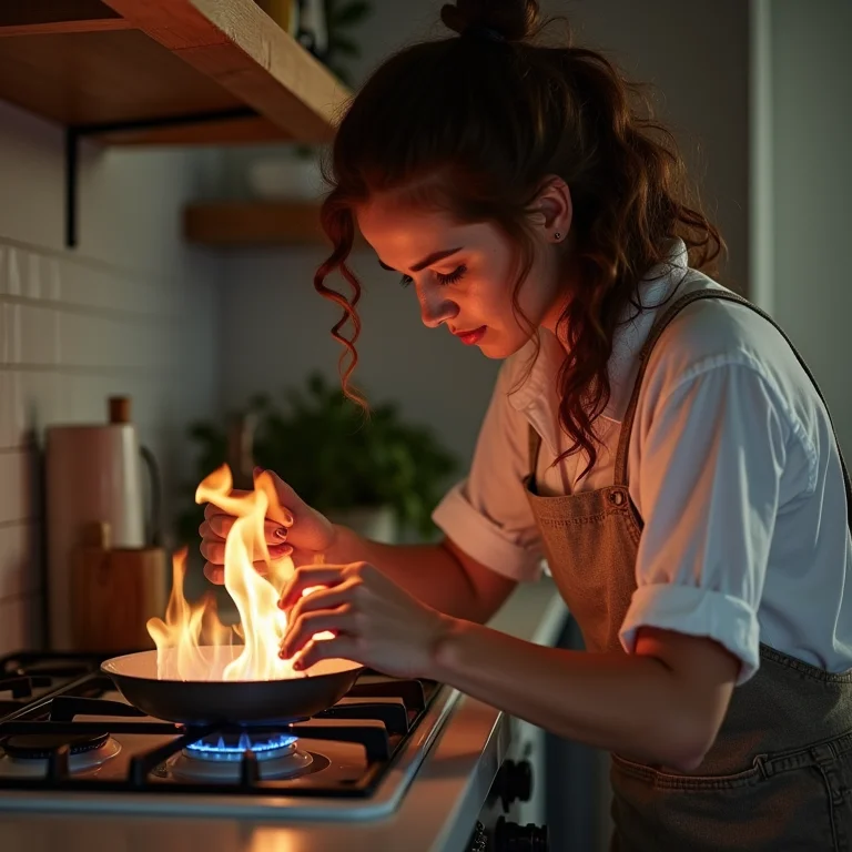 Mulher branca ajustando a chama do fogão, dica de economia de gás