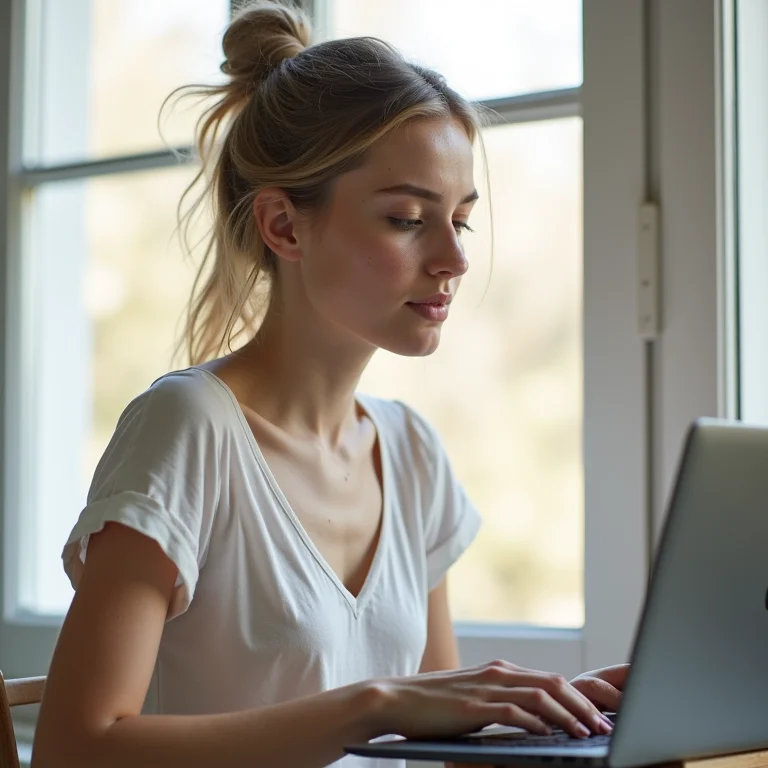 Mulher branca aliviada de dores no pescoço com suporte de notebook