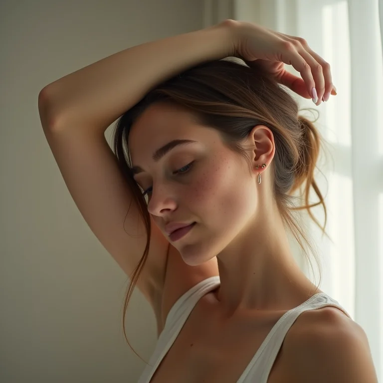 Mulher branca alongando o pescoço para aliviar a tensão antes de dormir