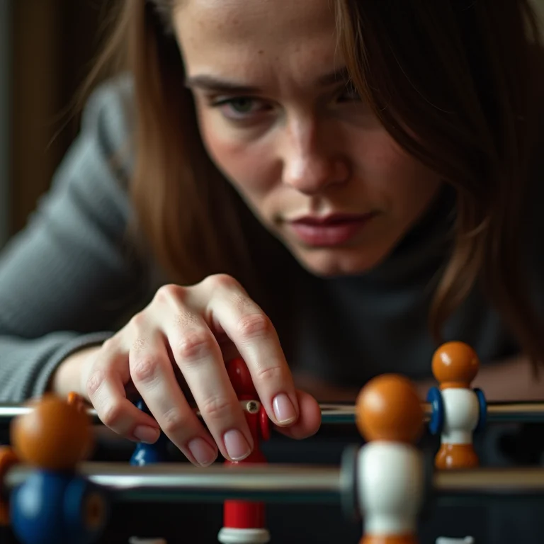Mulher branca analisando acabamentos de mesa de pebolim