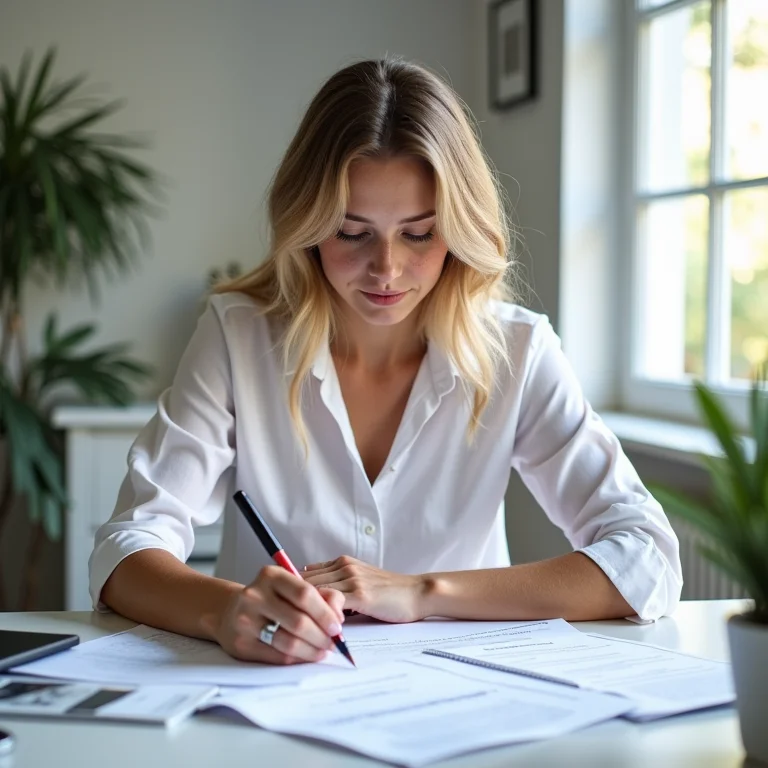 Mulher branca analisando contratos e planos de negócios de franquias