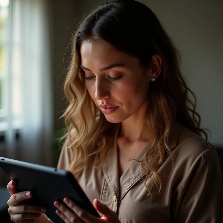 Mulher branca analisando extrato digital no tablet