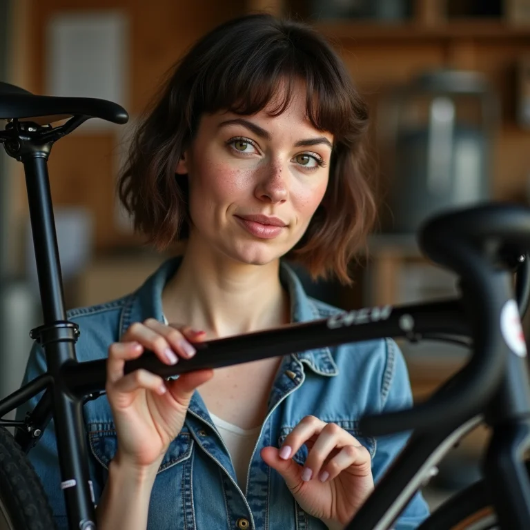 Mulher branca analisando medidas de quadro de bicicleta