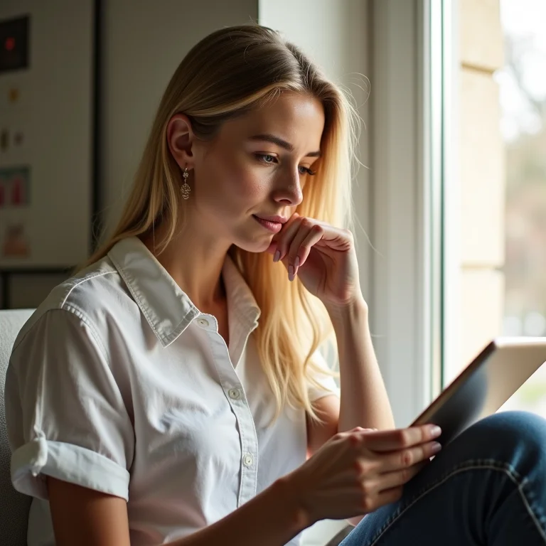 Mulher branca analisando opções de investimento em tablet