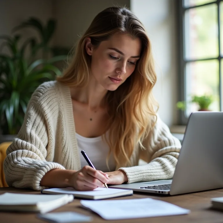 Mulher branca anotando informações financeiras.
