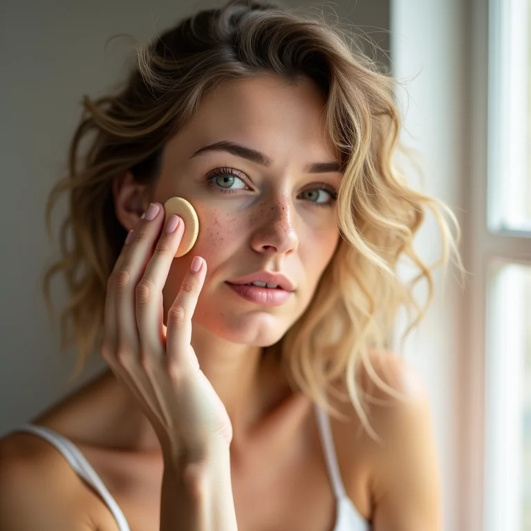 Mulher branca aplicando base no rosto com esponja