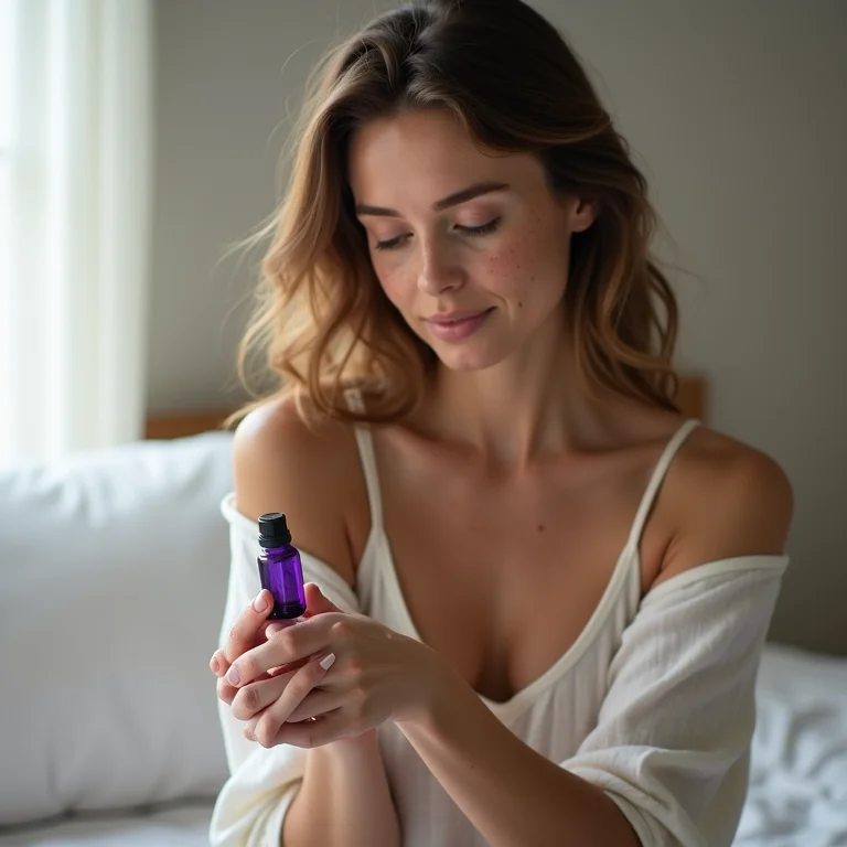 Mulher branca aplicando óleo essencial de lavanda para relaxamento.