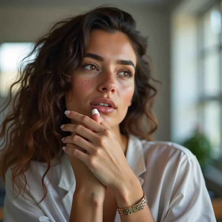 Mulher branca aplicando protetor labial em recepção de clínica