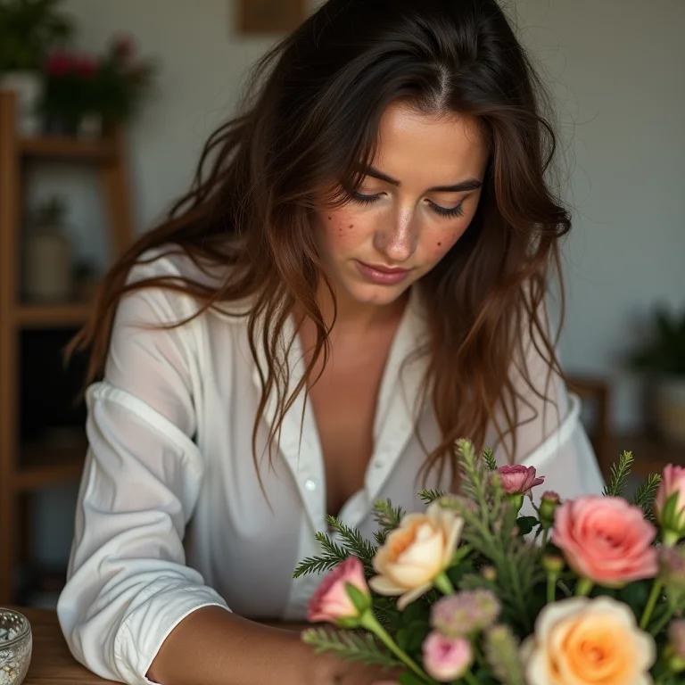 Mulher branca arrumando um arranjo floral em uma mesa