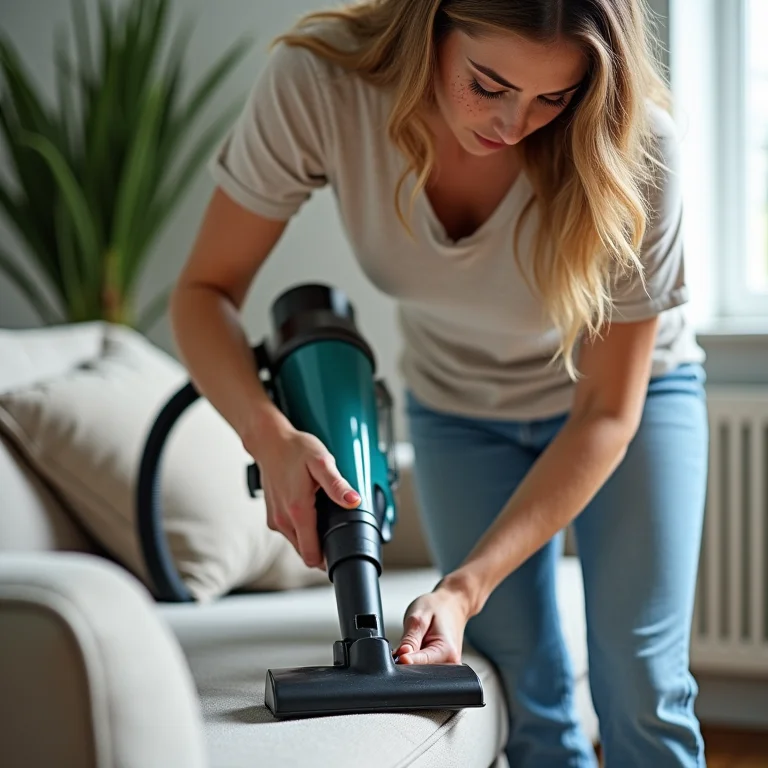 Mulher branca aspirando sofá com aspirador de mão