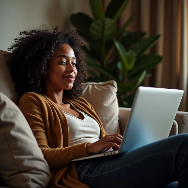 Mulher branca assistindo a um documentário em seu laptop.