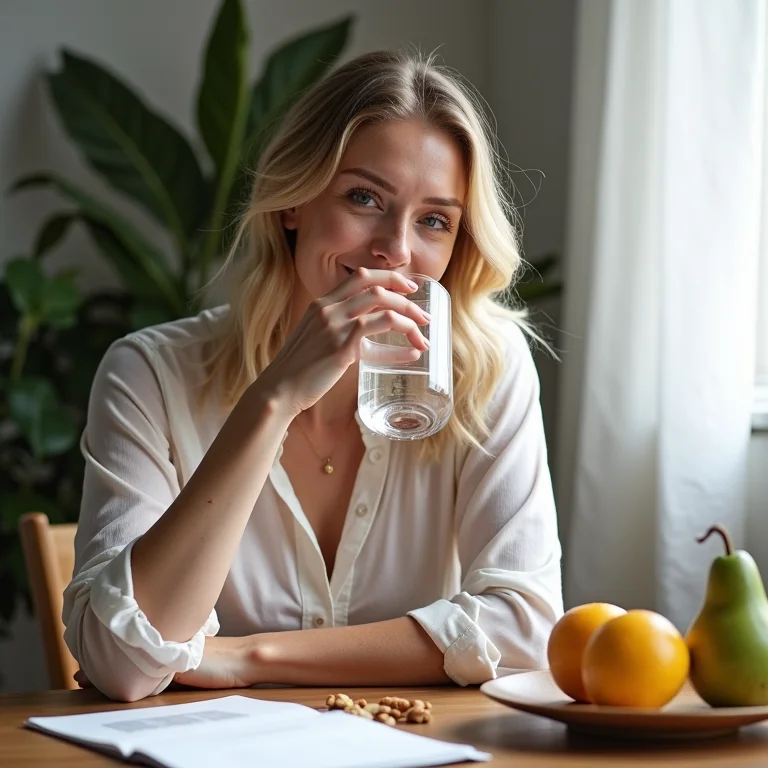 Mulher branca bebendo água e comendo lanches saudáveis no trabalho