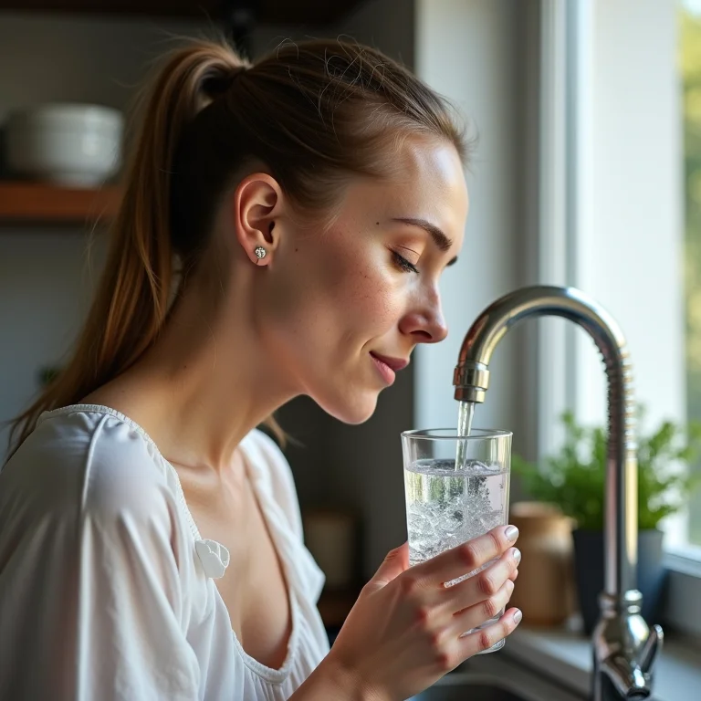 Mulher branca bebendo água filtrada diretamente da torneira