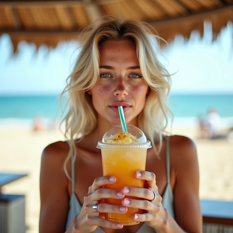 Mulher branca bebendo em um quiosque na Praia do Morro em Guarapari