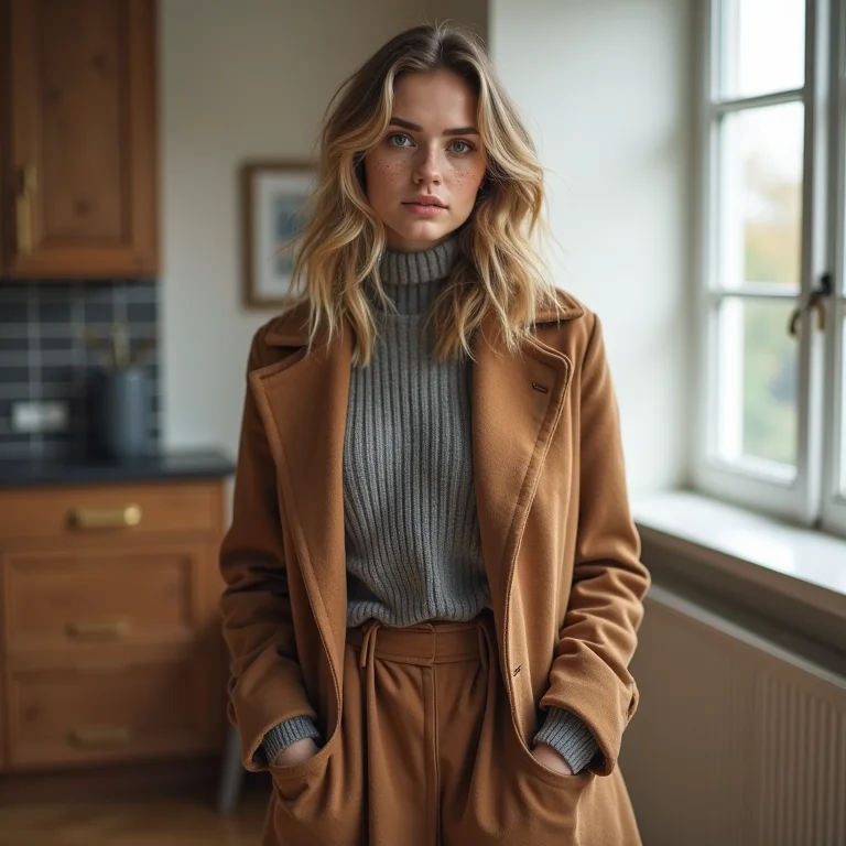 Mulher branca com casaco estiloso e saia midi.