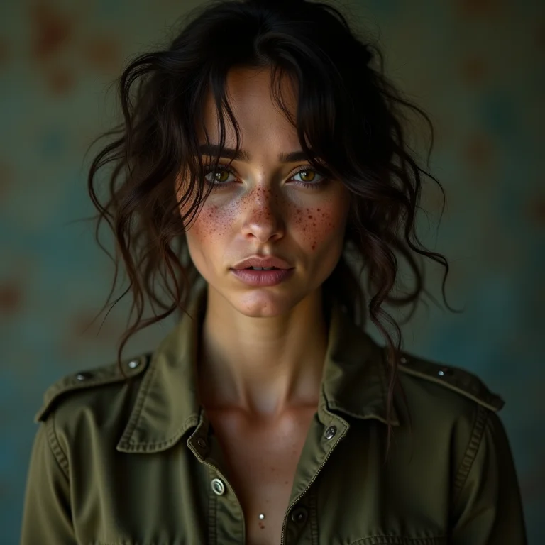 Mulher branca com jaqueta militar em cenário pós-guerra