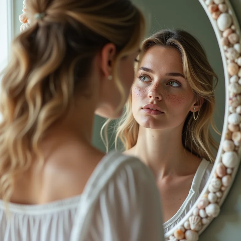 Mulher branca com sardas admirando espelho enfeitado com conchas.