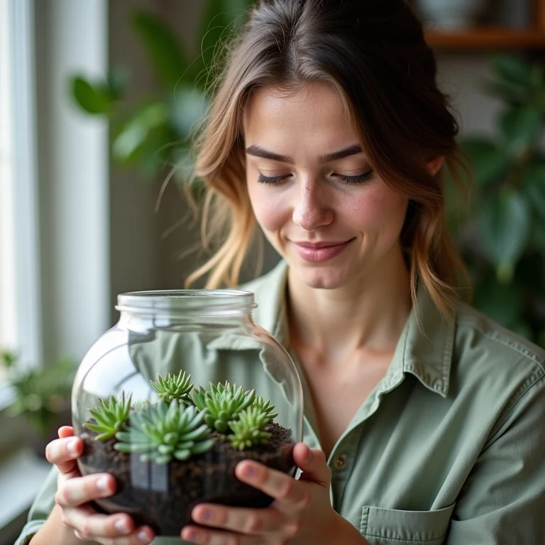 Mulher branca com sardas criando arranjo de suculentas em terrário de vidro.