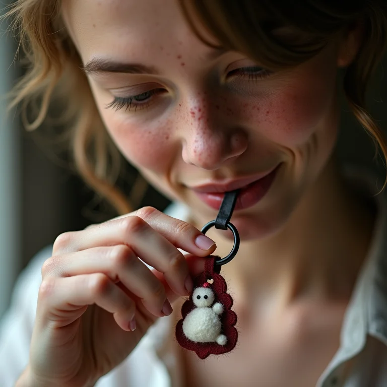 Mulher branca com sardas dando o acabamento final em um porta-chaves de feltro.