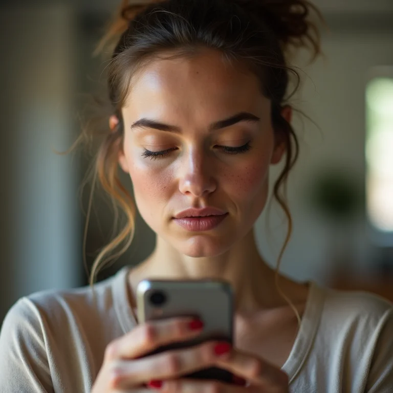 Mulher branca com sardas digitando número internacional no celular