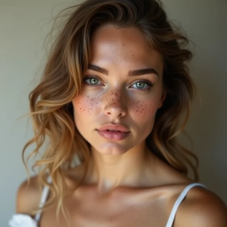 Mulher branca com sardas e cabelo ondulado exibindo maquiagem natural e penteado clássico