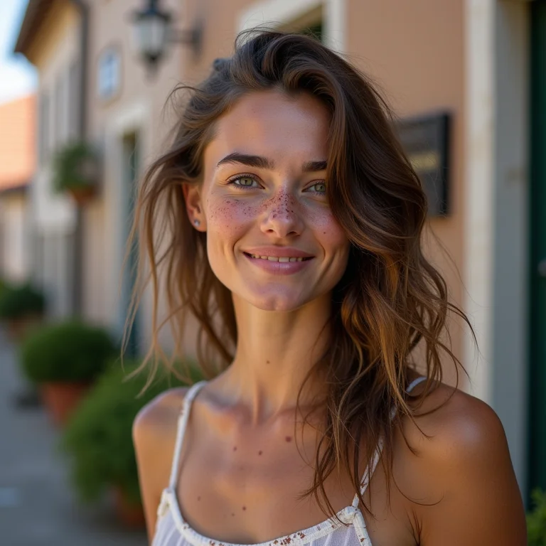 Mulher branca com sardas em frente a um edifício enxaimel bem preservado na Vila Germânica.