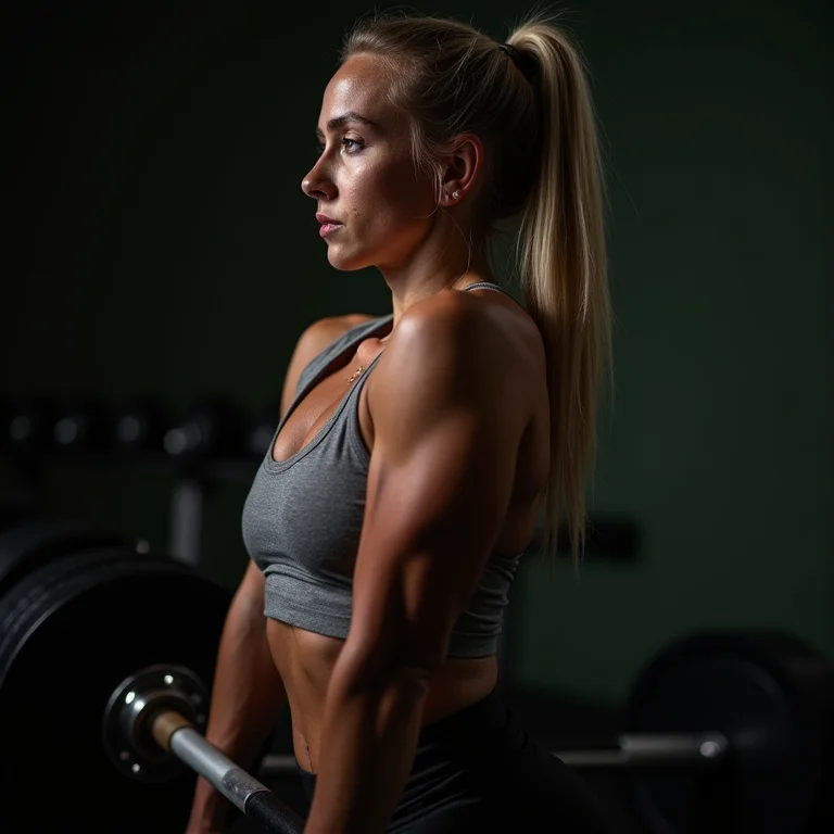 Mulher branca com sardas executando levantamento terra com barra