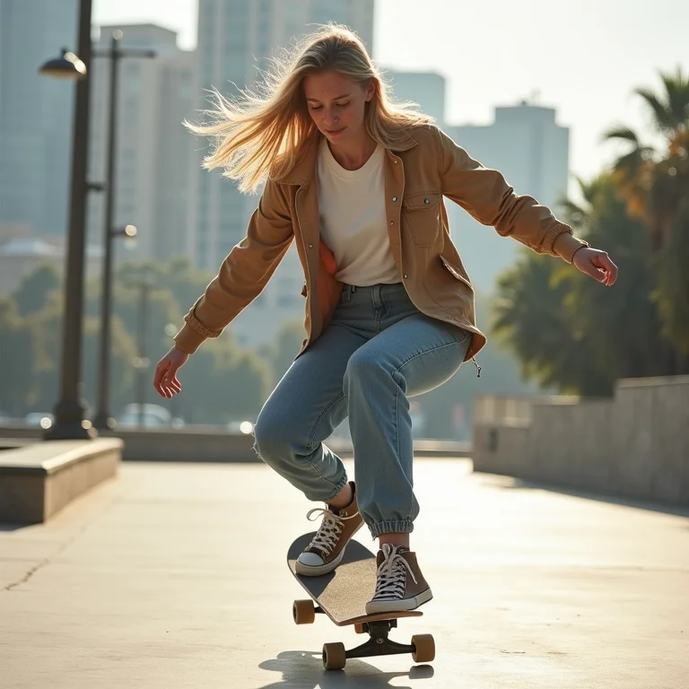 Mulher branca com sardas fazendo manobra de skate em cenário urbano