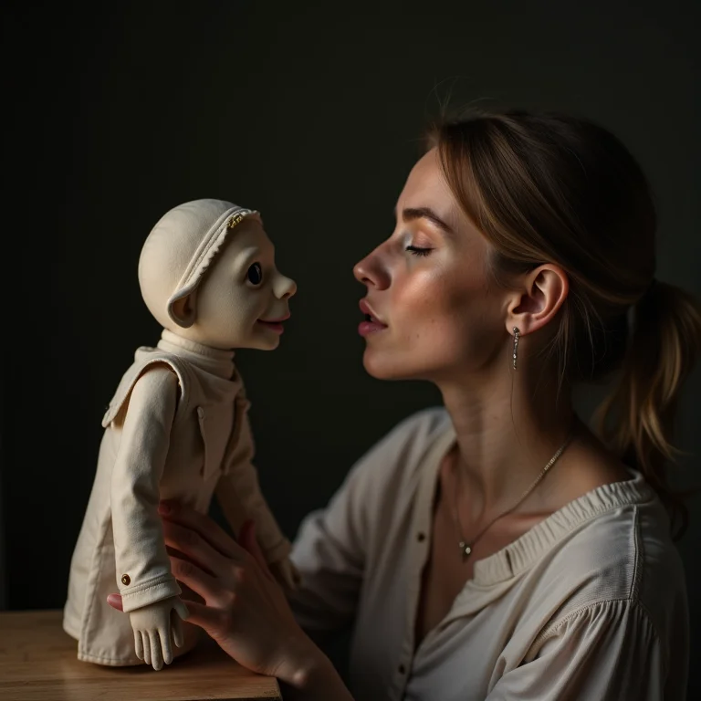 Mulher branca com sardas interagindo com fantoche.