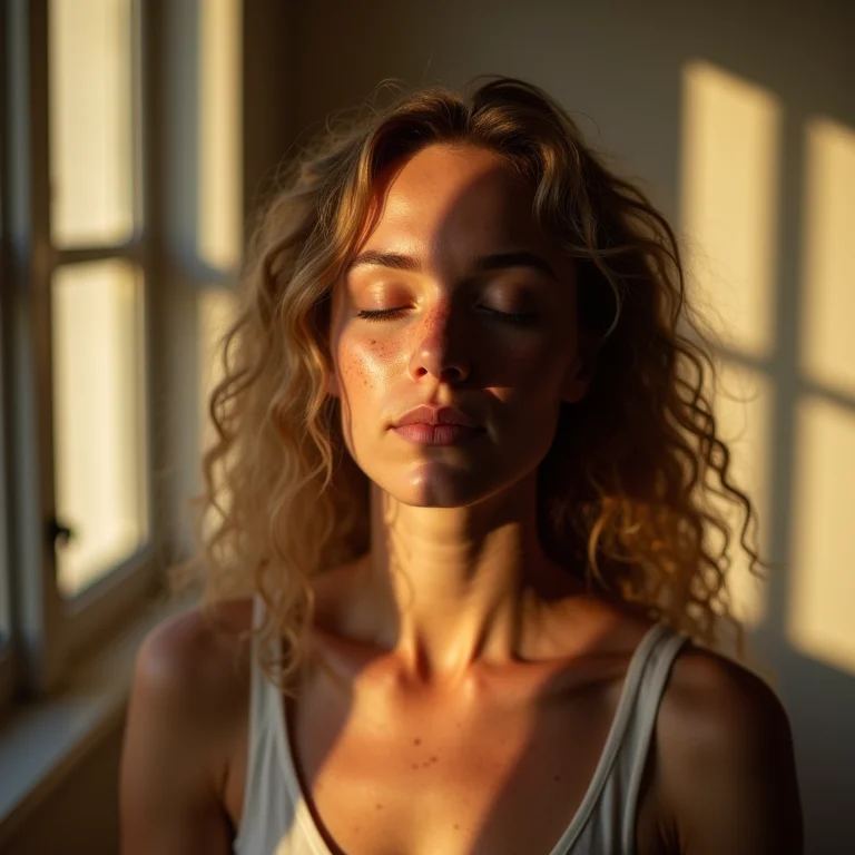 Mulher branca com sardas meditando em um quarto ensolarado