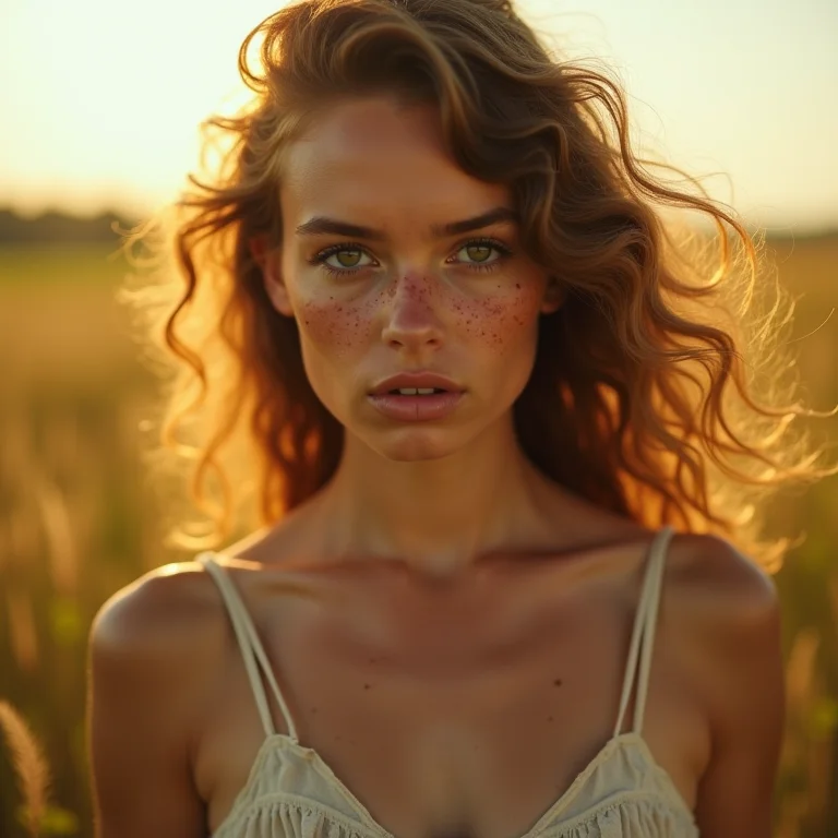 Mulher branca com sardas olhando fixamente com um olhar levemente insano em um campo ensolarado, representando a complexidade psicológica do terror slasher em 'Pearl'.