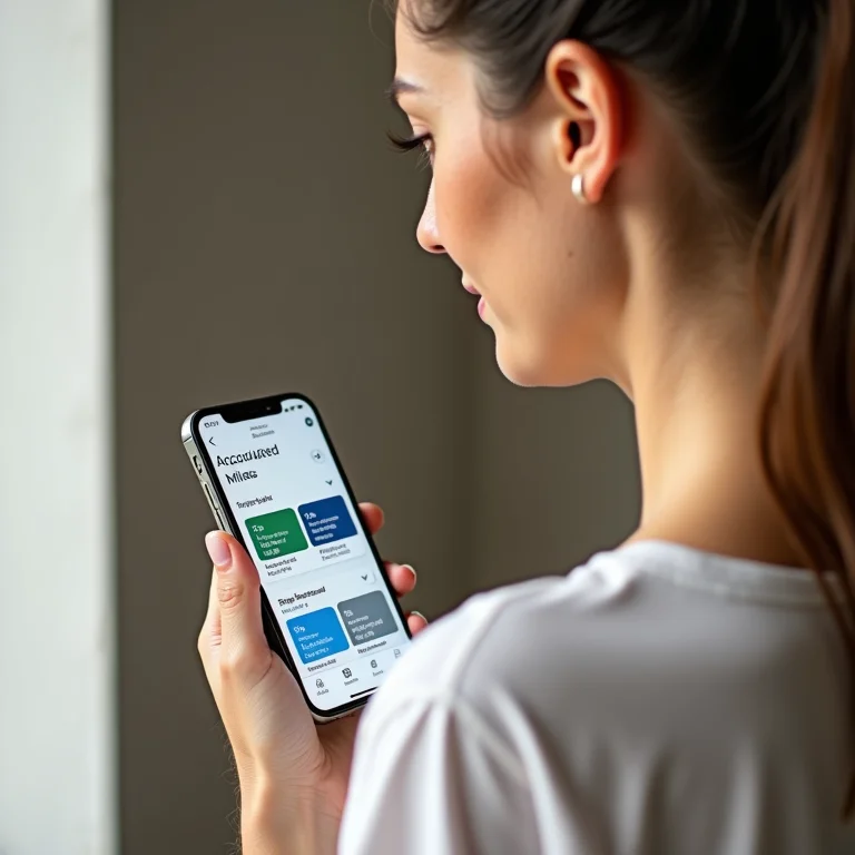 Mulher branca com sardas olhando para um aplicativo de milhas no celular.