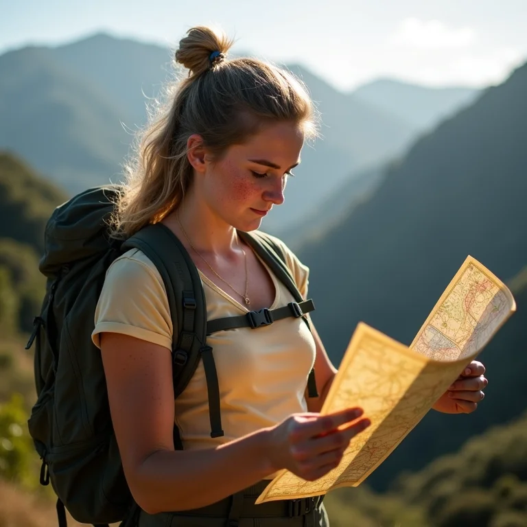 Mulher branca com sardas planejando trilha em Minas Gerais