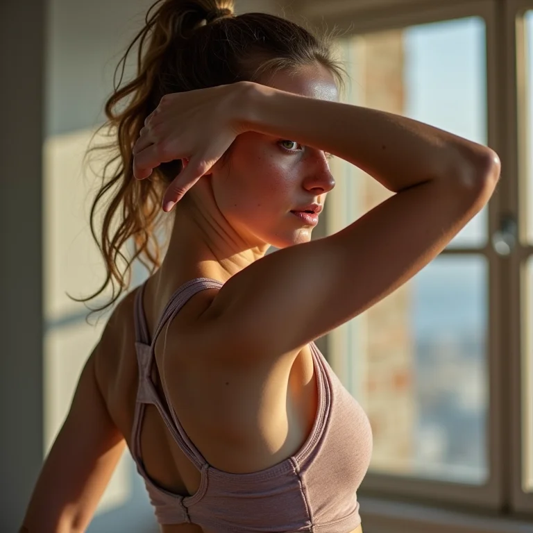 Mulher branca com sardas realizando alongamento dinâmico como parte de um aquecimento.