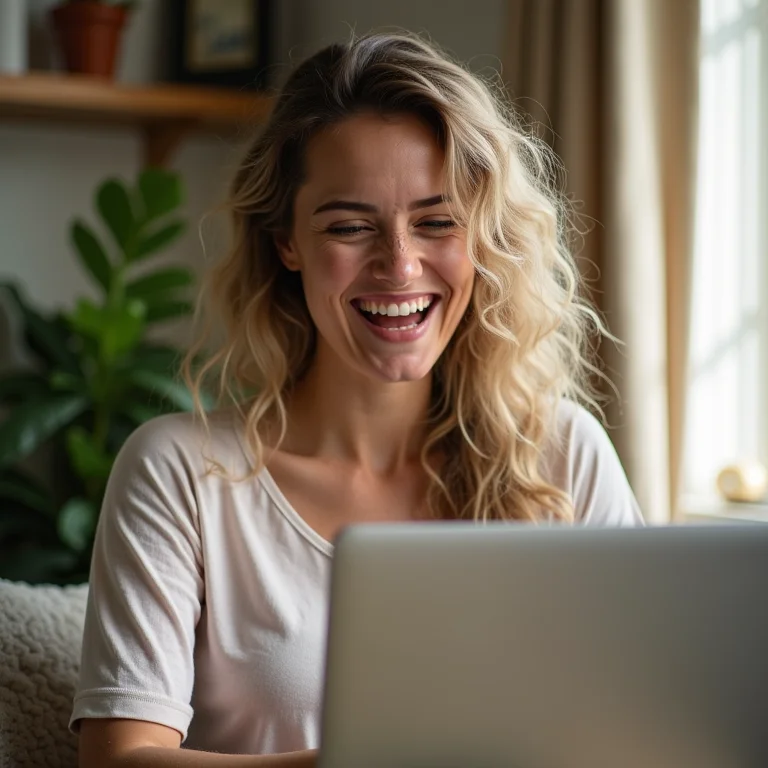 Mulher branca com sardas rindo durante videochamada em sala ensolarada
