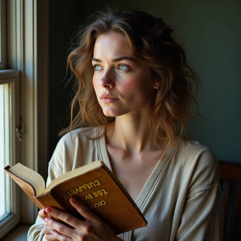 Mulher branca com sardas segurando 'Esperando Godot' e olhando para o horizonte.