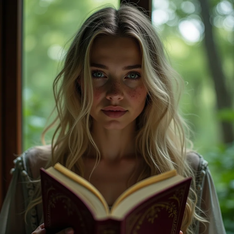 Mulher branca com sardas segurando o livro Corte de Espinhos e Rosas