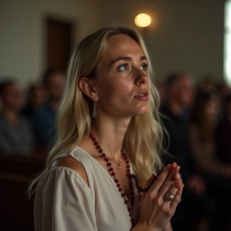 Mulher branca com sardas segurando terço na Capela de São José