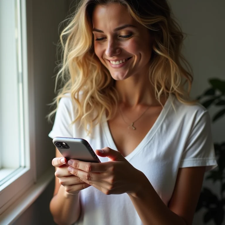 Mulher branca com sardas usando o aplicativo Caixa Tem no celular.