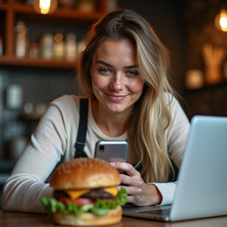 Mulher branca com sardas usando redes sociais para promover hamburgueria